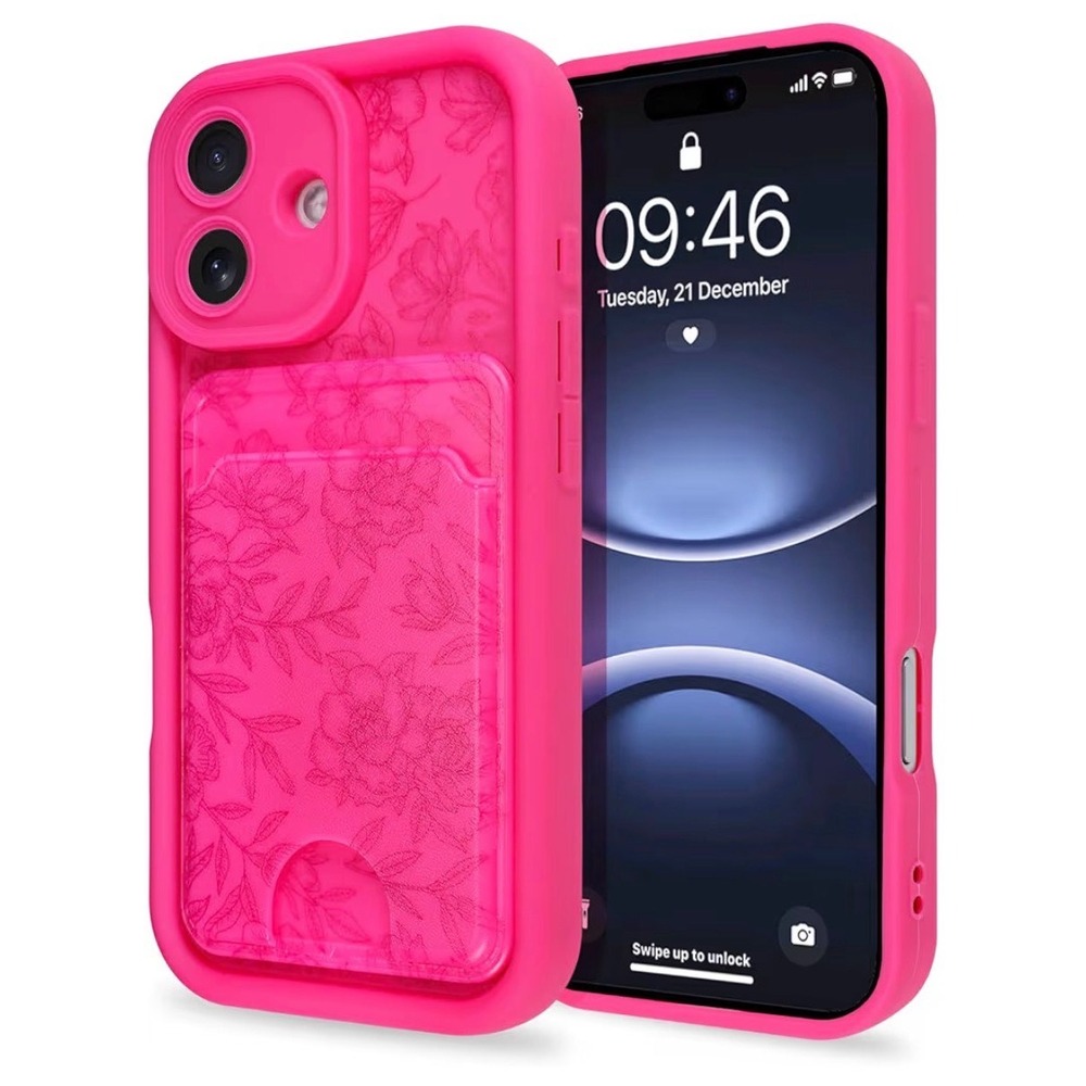MZELQ iPhone‎ 16 Case Hot Pink Floral Embossed Wallet Card Holder TPU Cover 6.1"